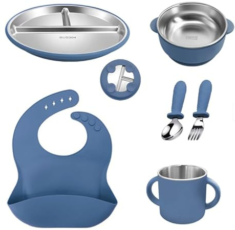 Baby Esslern Set av silikon och rostfritt stål 304 | BPA-fri | Tallrik, skål, mugg med handtag, sked, gaffel och silikonhaklapp | Avtagbar insats i rostfritt stål