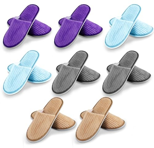 8 par frottétofflor, hotelltofflor, flerfärgade tofflor, 28,5 x 11,5 cm, frottétofflor, färgglada gästtofflor (blå + lila + gul + grå)