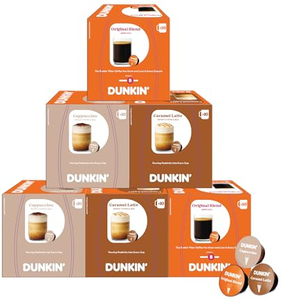 Coffret Variety Dunkin’ Donuts – 60 Capsules de Café, 3 Variétés : Cappuccino, Caramel Latte & Original Blend, Compatibles avec les Machines Dolce Gusto, Crémeux & Aromatique, Idée Cadeau