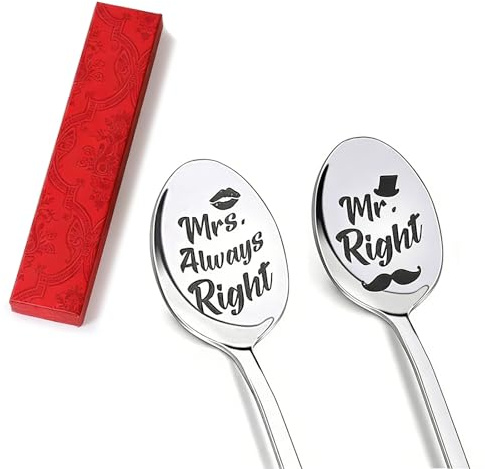 UZYXC 2 Cucchiai da Caffè in Acciaio Inox Incisi Mrs Always Right Mr Right - Regalo Personalizzato per Matrimonio, Anniversario