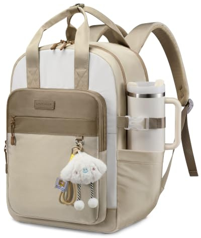 LOVEVOOK Laptop ryggsäck dam, arbetsryggsäck skolryggsäck tonåring, Beige + khaki med plyschhänge, 15.6, Avslappnad