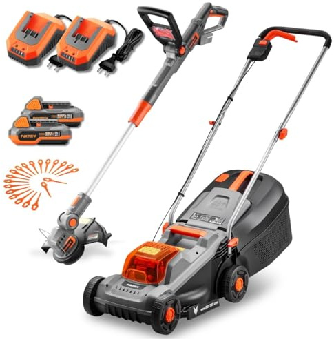 FUXTEC 20V Set de jardín inalámbrico FX-E1RM20ECO & FX-E1RT20 – cortacésped 30 cm, cortabordes 25 cm, 2 baterías 2Ah + Cargador, recogedor 30 L
