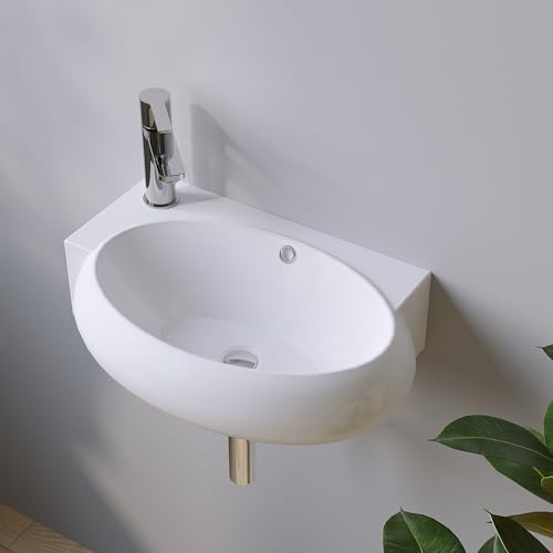 Aqualavos Lavabo de cerámica para baño ovalado, pequeño, 44 x 29 x 13,5 cm, con rebosadero y orificio para grifo (izquierda), sin armario, montaje en pared, borde ultrafino, muchas posibilidades de