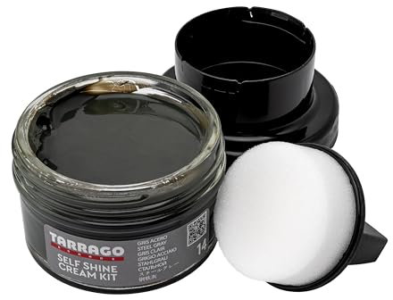 Tarrago | Self Shine Cream Kit 50 ml | Nourishing Cream of Natural Waxes For Shining Leather Smooth Natural or Synthetic Leather Shoes | With Sponge Applicator (Stahlgrau 14)