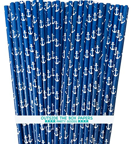 Anchor Nautical Themed Paper Straws - Navy Blue White - 7.75 Inches - 100 Pack - Outside the Box Papers Brand