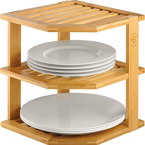 Plate Organizer for Cabinet - 3 Tier Bamboo Corner Shelf Cabinet Organizer for Plates, Bowls, Mugs and Pantry Storage, Space Saving Countertop and Cabinet Corner Shelf, 10 x 10 x 9.5 Inch, Bambusi