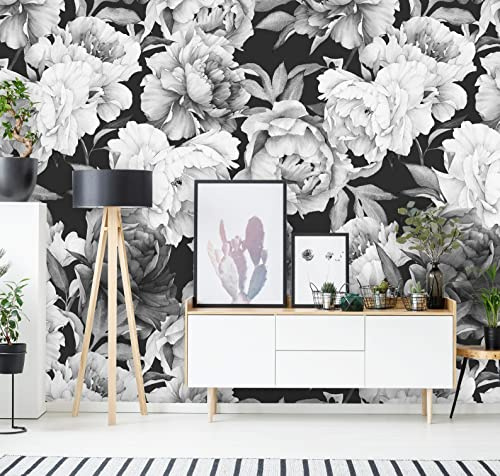 Coloritto Removable Peel 'n Stick Wallpaper, Self-Adhesive Wall Mural, Watercolor Floral Pattern, Nursery Baby’s Room Decor • Black and White Flowers (Sample 12 W x 8 H)