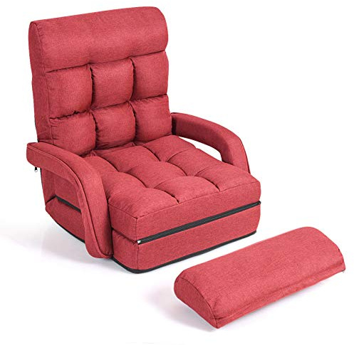 GOPLUS Bodensofa mtit Schlaffunktion, klappbarer Bodenstuhl mit Armlehnen & Kissen, Klappsessel mit Verstellbarer Rückenlehne, Klappsofa Schlafsessel Bodensessel für Wohnzimmer, Büro (Rot)