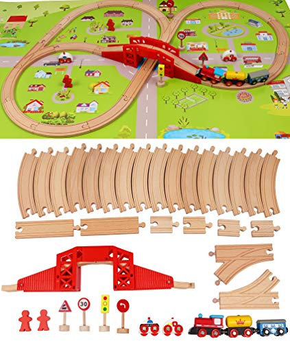 TOWO Holzeisenbahnset mit Stadtplan- Shinington-Eisenbahngleisbau Bauspielzeug für 3 Jahre alte Kinder Jungen Jungen Mädchen-Fahrzeuge Transport Holzspielzeug Geschenk für Kleinkinder 3 4 5 Jahre alt