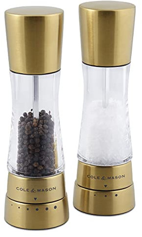 Cole & Mason Derwent Gold Salzmühle und Pfeffermühle, Gewürzmühle, 2er Set Manuell mit einstellbarem Keramik-Mahlwerk, Edelstahl/Acryl, 190mm, Precision+, Geschenkset
