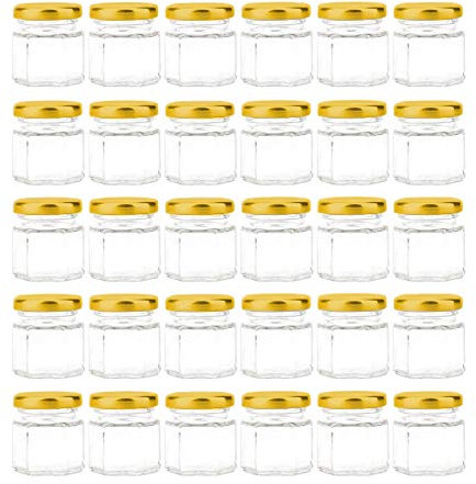 Tebery 30 Stück 45 ML Mini Hexagon Gläser mit goldenen Plastisol ausgekleideten Deckeln, Marmeladengläser Einweckgläser Honig, für Gewürze, Konserven, Geschenke und Kunsthandwerk