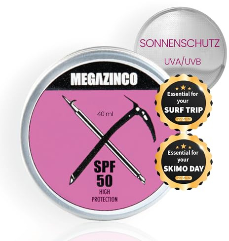 MEGAZINCO Fuchsie SPF50, mineralisch und 100% NATÜRLICH. Sonnencreme/-paste mit hohem Schutz für Surfer, Segler, Bergsteiger, Skifahrer, Snowboarder, Triathleten, Schwimmer. SURF SONNENCREME 40 ml