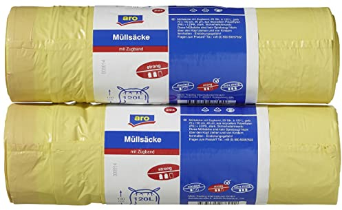 aro bolsas de basura, HDPE + LDPE, 120 litros, con cordón amarillo, resistente, 40 µm, 2 rollos x 25 unidades