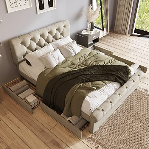 Dolamaní Polsterbett 140x200cm, Doppelbett mit 4 Schubladen, Kompaktbett, Höhenverstellbarem Kopfteil Funktionsbett, Leinen