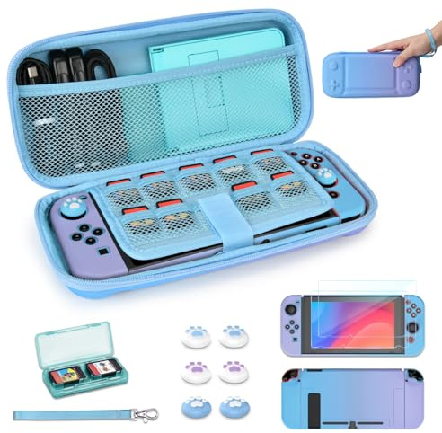 Younik Switch Étui pour Switch 2017 Modèle, Kit d'accessoires Switch 14 en 1 avec étui Switch, accessoires de protection pour console Switch et J-Con (Bleu et violet, Modèle de Bouton)