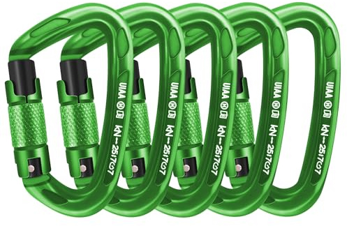 AINIKEY Climbing Carabiner Clips 25kN Auto Locking Carabiner, Professional Heavy Duty Large Locking Carabiner Clips for Rock/Ice Climbing Rappelling Rescue Swing etc, D Shaped, Large Size（Green-5PCS）