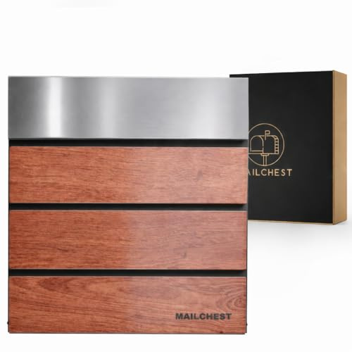 MAILCHEST Briefkasten in stilvoller Holzoptik/Softclose-Mechanismus/großzügig dimensioniert/Namensschild und Hausnummer/Inklusive Zeitungsfach/Anthrazit-Design aus Edelstahl