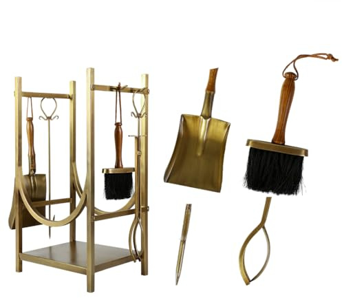 Log Basket Fireside Companion Set - Brass Recycled Iron Log Store Indoors with Fire Poker, Dustpan, Brush & Tongs Fireplace Accessories Contemporary Wood Basket Log Rack Log Burner Accessories