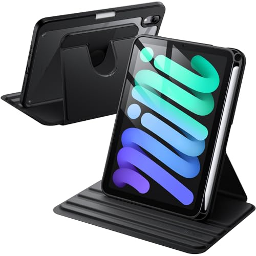 JETech Roterande Fodral för iPad mini (A17 Pro, 2024 Modell, 7:e Generationen) / mini 6 (2021 Modell, 6:e Generationen) med Pencil Hållare, 360 Grader Roterande Stand Case Klar Tillbaka (Svart)
