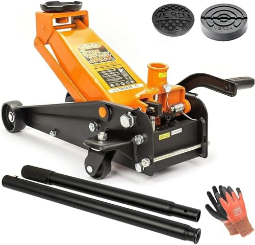 Wagenheber hydraulisch 3T, Hubhöhe 130-490mm, mit Fußpedal, 2X Gummi, Profilmesser, Montagehandschuhe Rangierwagenheber flach, Profi Heber, PKW, Wohnmobil, Geländewagen, (Wagenheber)