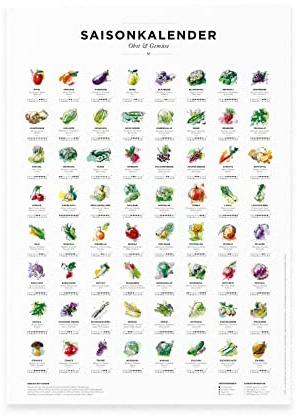 Saisonkalender für Obst & Gemüse als Poster, Küchen Deko, wall decor, Mehrjährig, mit Illustrationen der beliebtesten Obst- und Gemüsesorten Mitteleuropas (Farbe, A3 (29,7 x 42,0 cm))