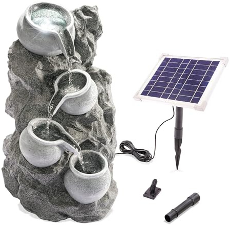 esotec Solarbrunnen mit Akku & LED, H=48cm, Felsen Kaskadenbrunnen Gartenbrunnen Wasserspiel für Garten Terrasse Balkon, granitfarben, 101322