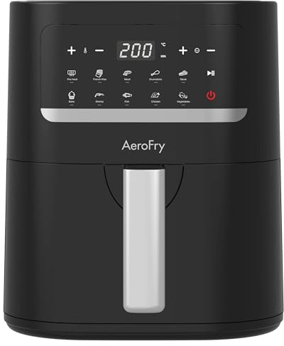 AEROFRY Air Fryer 4.5L Capacity, Oil Free, Energy and Time Saver, 10 Presets Compact Design with Recipes Cookbook, Non-Stick, Dishwasher Safe Basket, Compact Air Fryer, 2-Years Warranty, Black