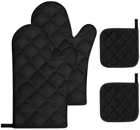 Ofenhandschuhe Topflappen Handschuh 4er Set Topfhandschuhe, Hitzebeständige und rutschfeste Backhandschuhe zum Baumwolle für Kochen Backen Grillen - Schwarz