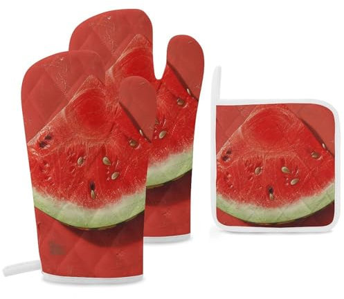 Lot de 3 gants de cuisine et maniques résistants à la chaleur - Gants de cuisine et maniques - Rouge pastèque