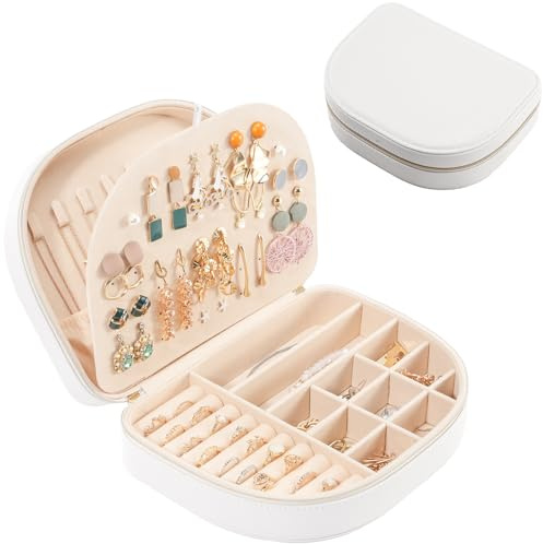 ProCase Reise Schmuckkästchen, Große Schmuckschatulle für Damen PU-Leder Aufbewahrungsbox Schmucketui Schmuckbox Schmuckaufbewahrung für Ringe Ohrringe Halsketten Geschenk- Weiß