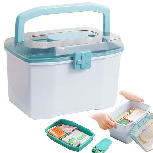 BAIFULAI Doppelschichtig Medizinbox, Erste Hilfe Kasten 21x15x14cm, Medikamenten Aufbewahrung mit Klassifizierungsfeld&Tragegriff, Medikamentenbox, Hausapotheke Box, Medizinkoffer,Medizin Organizer