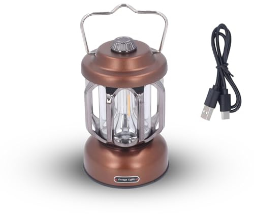 Retro LED-campinglykta, vintage uppladdningsbar typ C campinglampa, bärbara campinglampor och lyktor, 3 lägen dimbar med krok, lampa (brun)