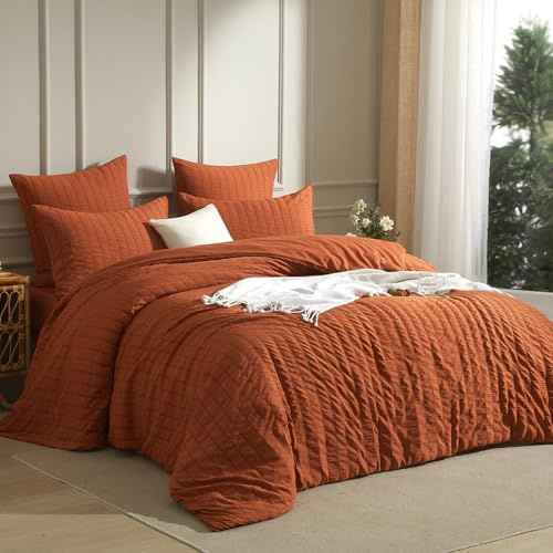 Luofanfei Housse de Couette 240 x 260 Caramel Seersucker Unie Parure de Lit Microfibre 2 Personnes Adulte Linge de Lit Uni Parure Housse Couette zippée 240x260 avec 2 Taies d'oreiller 65x65 cm