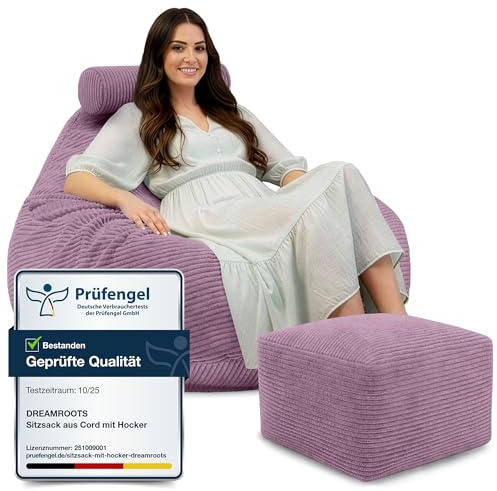 DreamRoots Sitzsack Erwachsene Cord 90x90x100 cm, Plum Smoothie | Bean Bag Sofa, 90x90x100 cm, mit Hocker & Bezug, mit Füllung, waschbar, Teenager & Erwachsene
