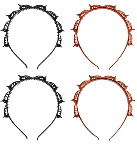 TRKETK 4 Stück Bangs Hairstyle Hairpin, Haarband mit Clips Double Bangs Hairstyle Hairpin Stirnband mit Zahnstirnband Braid Tool Twist Clip Stirnband für Frauen Mädchen (Schwarz+Braun)