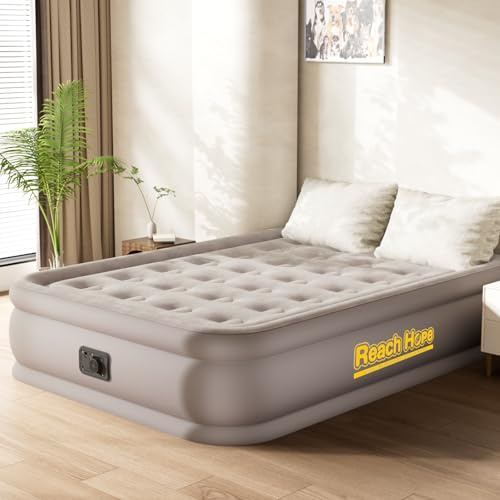 REACH HOPE Air Mattress with Built in Pump Full, Plug-in Electric Pump Self-Inflatable Air Bed, Blow Up Travel Bed, Comfortable Airbed for Rental Home, Camping and Guests.(18 Height Full, Khaki)