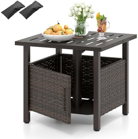 COSTWAY Patio Rattan Side Table, Square Wicker Small Garden Coffee Table with Umbrella Hole, 2 Weighted Sand Bags and Storage, All-Weather Outdoor Dining Tea End Bistro Tables for Balcony Deck Yard