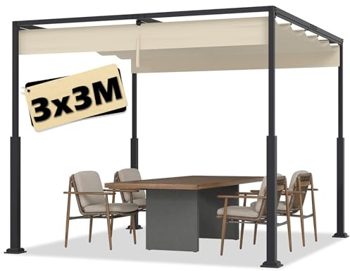 Suusolny 3 x 3 pergola con tetto apribile, colore beige, impermeabile, protezione solare stabile per terrazza e parasole autoportante in acciaio e poliestere, protezione UV