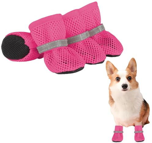 Sommer Mesh Hunde Schuhe, 4 Stück Atmungsaktive Pfotenschutz Hundeschuhe Anti-Rutsch Hundeschuhe für heiße Sommerböden, Sommer Verstellbarem Hundestiefel fürkleine Hunde (Fuchsie, S)