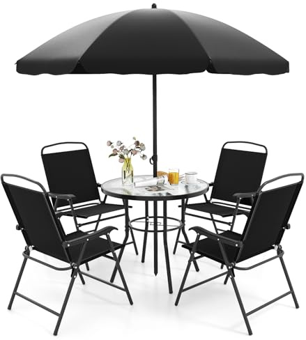 GOPLUS 6Pcs Salon de Jardin Exterieur 4 Personnes avec 4 Chaises Pliantes en Textilène, Table Basse en Verre Trempé et Parasol Jardin, pour Patio, Balcon et Terrasse (Table+Chaises+Parasol,Noir)