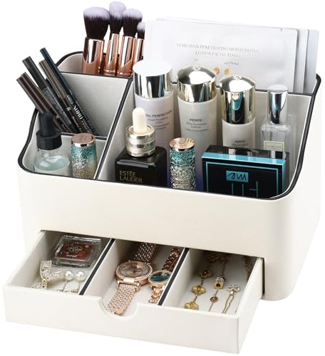 KINGFOM Make up Organiser with Drawer, Compact Beauty Storage for Vanity Desk, PU Leder Skincare Storage Organizer, Best Gifts for women (White)