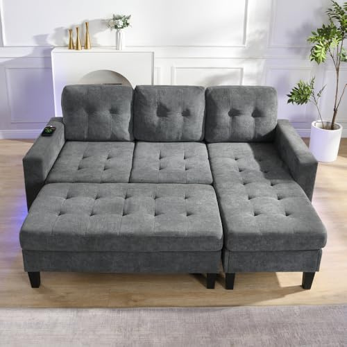Divano angolare convertibile a LED, divano a 3 posti, divano letto a 3 posti, con poggiapiedi mobile extra large divano a forma di L, tre posti + combinazione poggiapiedi due, grigio antico