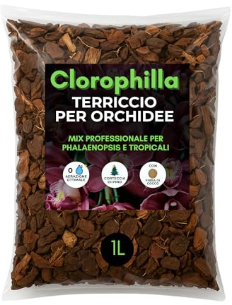 CLOROPHILLA Terriccio per Orchidee 1L – Bark di Pino e Fibra di Cocco – Substrato Professionale per Phalaenopsis, Orchidee Tropicali e Piante Epifite – Drenaggio Ottimale e Crescita Vigorosa