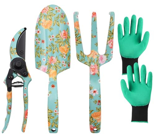 YTACREA 4 Stück Gartengeräte Set mit Blumendruck, Gartenwerkzeug Set für Geschenk Gartenliebhaber, Garten Gadgets wie Gartenschaufel, Gartenschere, Gartenharke, Fäustling, Gartenzubehör Geschenk, Grün