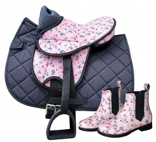Brama West Kinder Shettysattel Set „My Happy Pony“ mit passenden Kinder-Reitstiefeln | Holzpferdsattel inkl. Satteldecke, Gurt & Steigbügel | Rosa Blumenmuster (SattelFlower/Decke Schwarz, 35)
