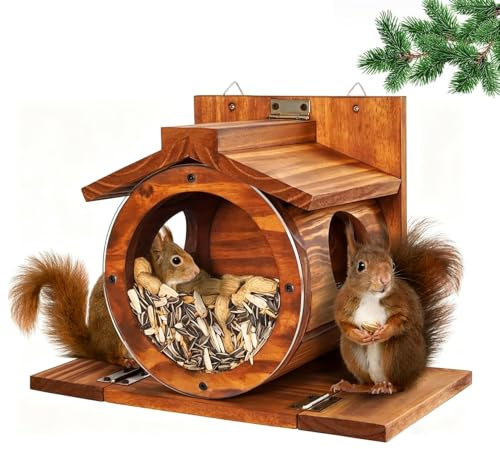 SKIKHN Mangeoire pour écureuil - 33 x 17 x 24 cm - Maison d'écureuil à suspendre - Mangeoire en bois avec fenêtre ronde transparente - Pour extérieur, cour, jardin