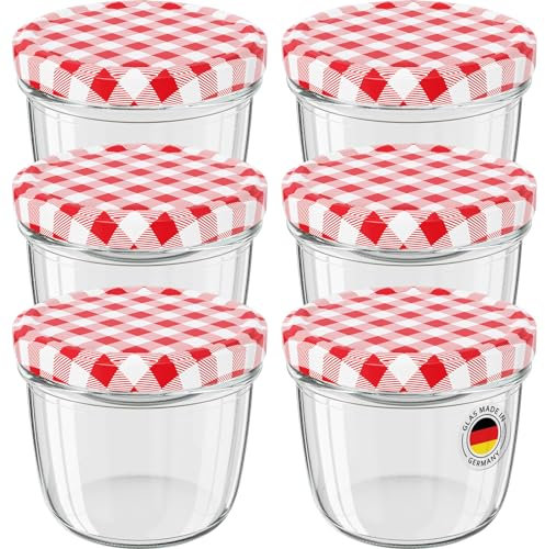 Wellgro® - Barattoli per conserve con coperchio a vite, 230 ml, 8.5 x 6.5 cm (diametro x altezza), in vetro/metallo, con coperchio a quadretti rossi To 82, diverse quantità a scelta, 6 pezzi