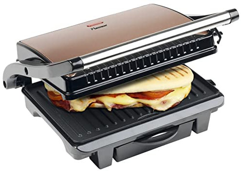 Bestron elektrischer Kontaktgrill mit Auffangschale, Sandwichmaker mit Cool-Touch-Handgriff & Antihaftbeschichtung, Paninimaker mit 1000 Watt, ASW113CO, Farbe: Kupfer, Ø 28,5 cm
