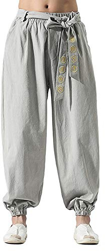 HAORUN Men Chinese Style Kung Fu Pants Tai Chi Loose Trousers Linen Casual Retro Wide Leg Light Grey