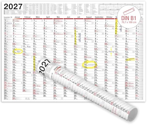 TOBJA® Wandkalender 2027 Groß Gerollt mit Feiertagen und Ferien DE, AT | Jahresplaner 2027 XXL Poster 100x70 cm | FSC-Zertifiziert, 14 Monate | Kalender Gerollt [1 Stück Gerollt]